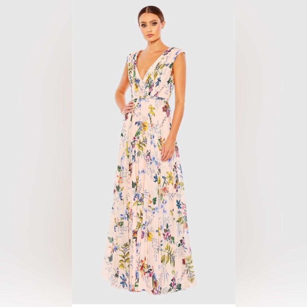 Pleated Floral Cap Sleeve A Line Gown Size 14 Color Pink Multi